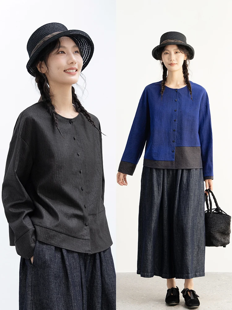 

Новая коллекция Le: 100% шелковая женская блузка с треугольным кленовым узором, осенняя, двухцветная, с круглым вырезом и пуговицами