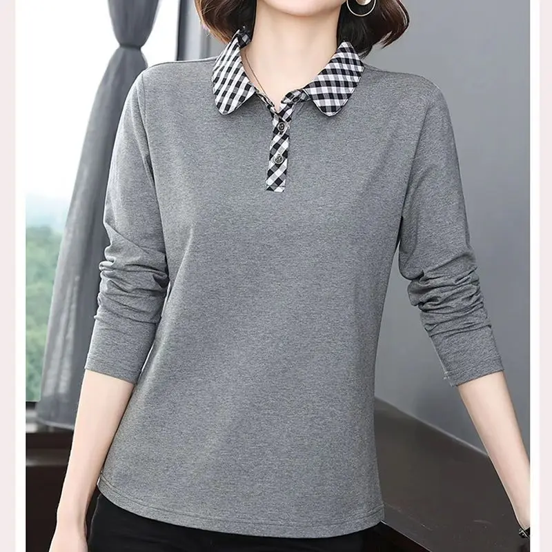 2023 Spring and Autumn New Korean Version Temperament Commuter Top POLO Collar Buttons Long Sleeve Simplicity Solid Color Shirt