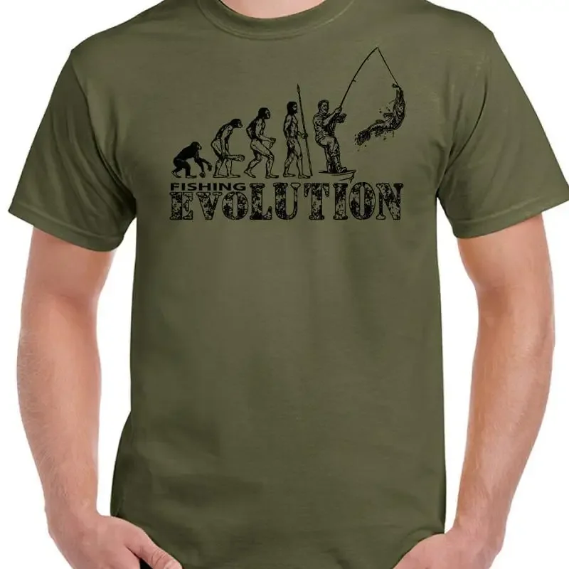 Camiseta de pesca Evolution masculina, divertida, para pescadores, equipamento de pesca, vara, carretilha, barco no mar