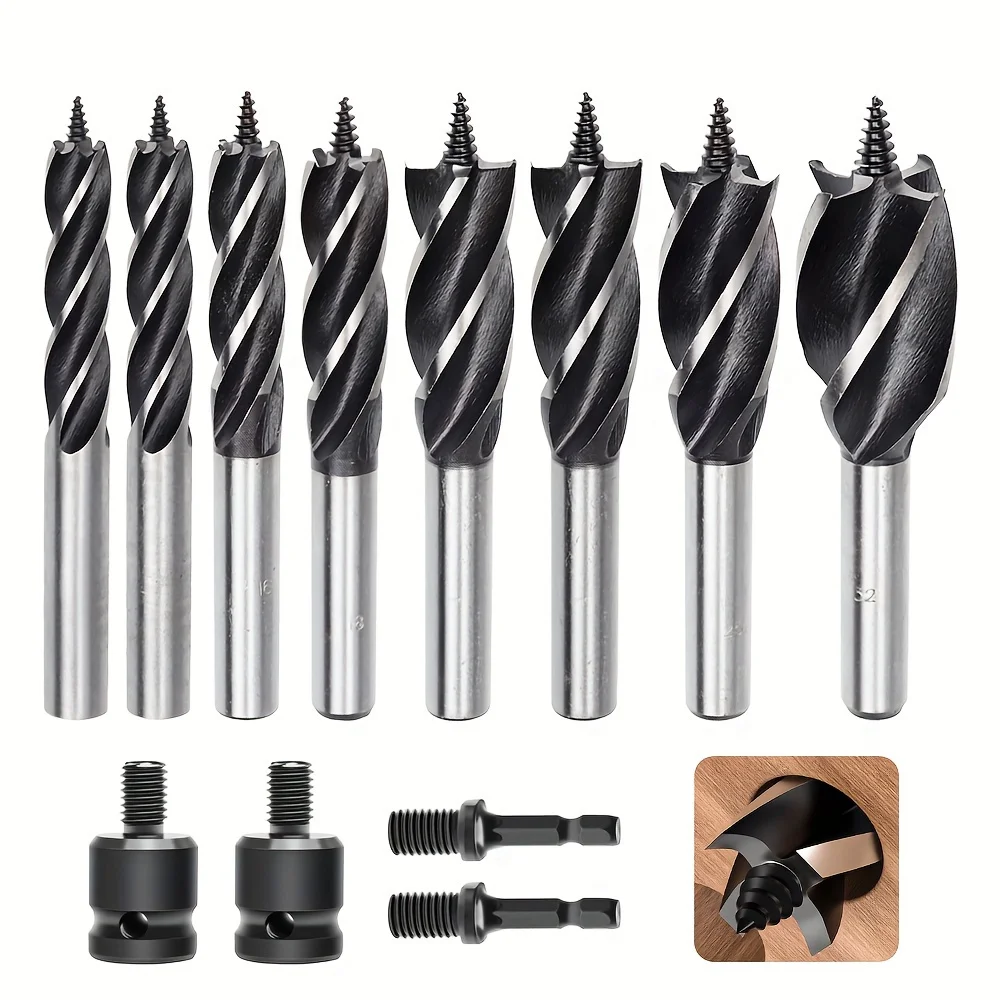 8-Piece Wood Drill Bit Set,Quick Cut Wood Snail Wood Made Of Carbon Steel, 10/12/14/16/18/20/25/32 Mm With Two Adapters