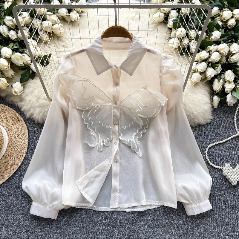 Neploe Sweet 3D Butterfly Embroidery White Blouses 2024 Summer New Mesh Shirts Women Y2k Puff Sleeve All-match Blusas Mujer