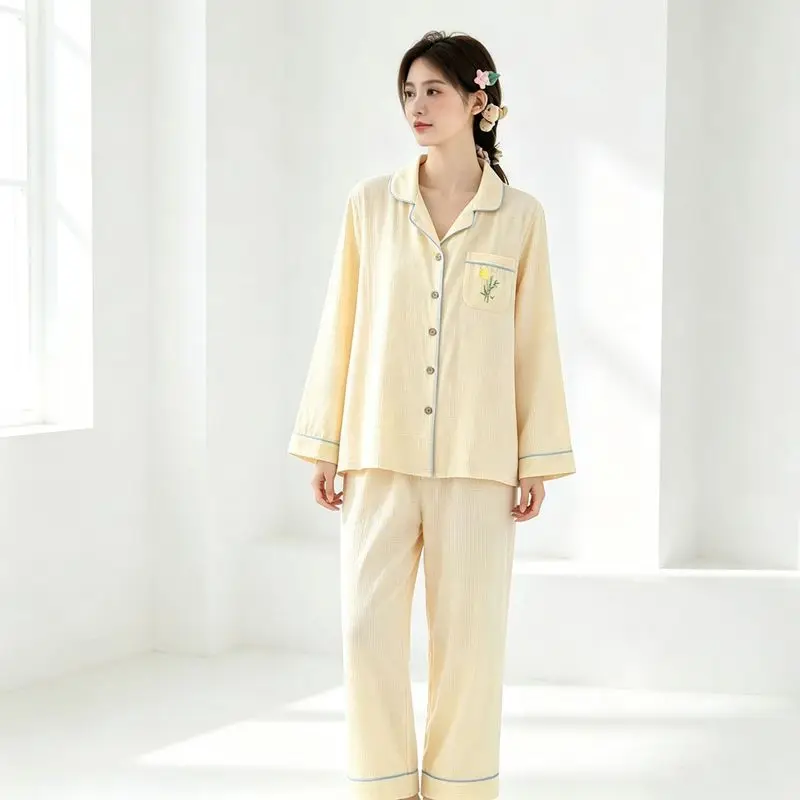 Vibrant Colorful Sweet Girl Double Gauze Cotton Pajama Set, Long Sleeve & Relaxed Fit, Lightweight Breathable Spring Summer Home