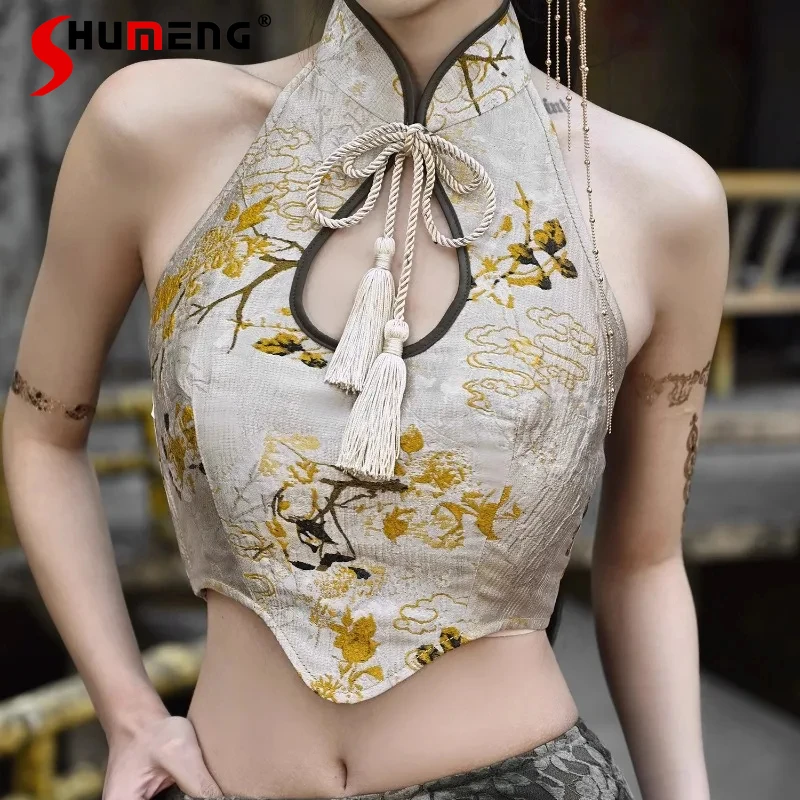 New Chinese Style Soft Girl Buckle Tassel Drop Collar Cheongsam Short Coat Camisoles Top Tees Spring 2024 Y2k Accessories Female