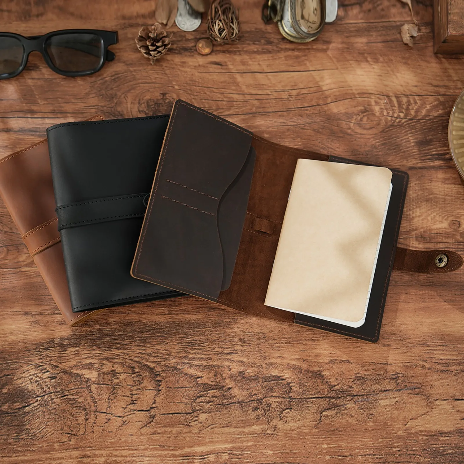 Leather Journal Cover Handmade Refillable Travel Notebook with Passport Pocket & Card Holder for Field Notes 3.5" x 5.5" Diary