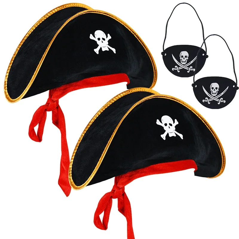 

2pcs/set Pirate Hat And Pirate Skull Eye Patches Halloween Cosplay Captain Cap Headband For Adult Kids Birthday Party Decor Prop