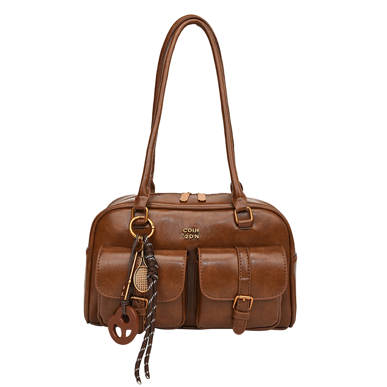 

Multi Pockets Shoulder Bag with Multiple Pockets PU Leather Handbag Retro Solid Color Leather Handbag for Commute Travel