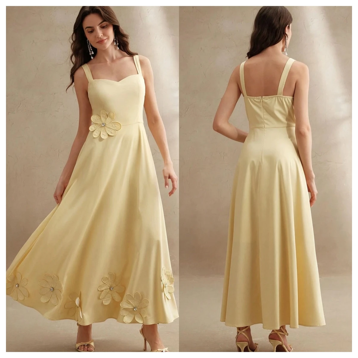 

Customized Modern Yellow Jersey Evening Dress Square Collar Cap Sleeve Sleeveless Bridal Party Bespoke Occasion Gowns Flowers