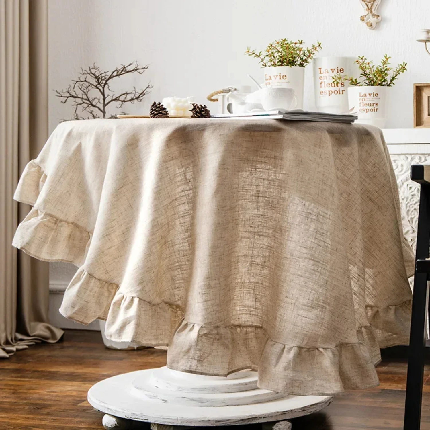 Stunningly beautiful vintage French romantic ruffle cotton linen tablecloth, perfect for American round tea table. Exuding elega