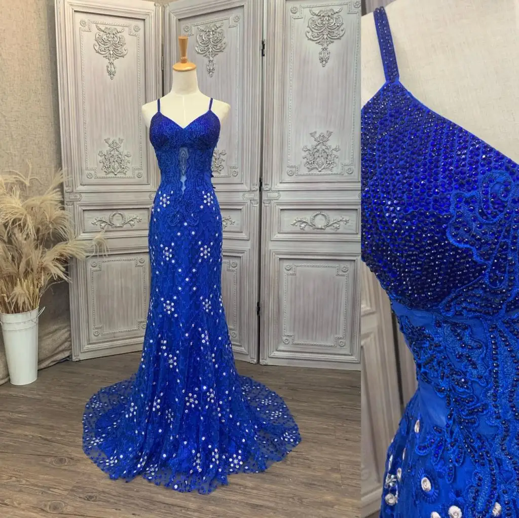 

Синее вечернее платье 2022, сексуальное вечернее платье с v-образным вырезом и бусинами, кружевные бретели длиной до пола, торжественное вечернее платье для женщин