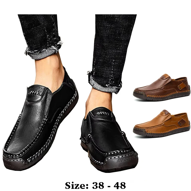 

high quality leather casual boat shoes for men low cut handmade stitching size 47 48 new 2025 walking big size shoe black brown