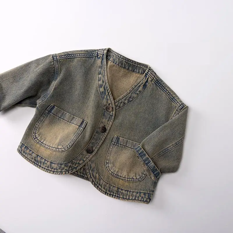 

Новинка осени 202, детское пальто с длинными рукавами, винтажная джинсовая куртка для девочек, модный повседневный кардиган для мальчиков, детские джинсовые топы, одежда для малышей