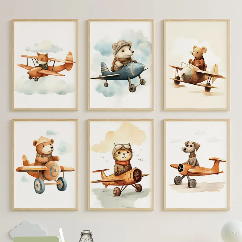 Boho Bear Rabbit Cat Dog Mouse Hedgehog Aircraft Nursery Poster Wall Art Print Canvas Painting Baby Kids Room Home Decor Pict