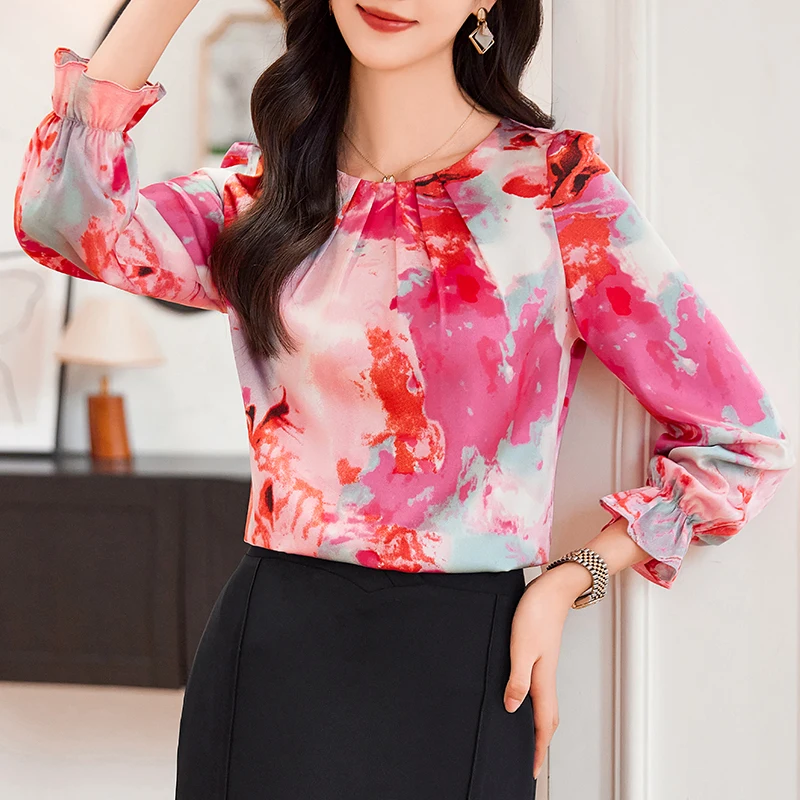 NAVIU Sweet O Neck Flare Sleeve Print Shirt Women Clothing 2024 Spring New High Qualiy Satin Casual Tops Office Lady Blouse