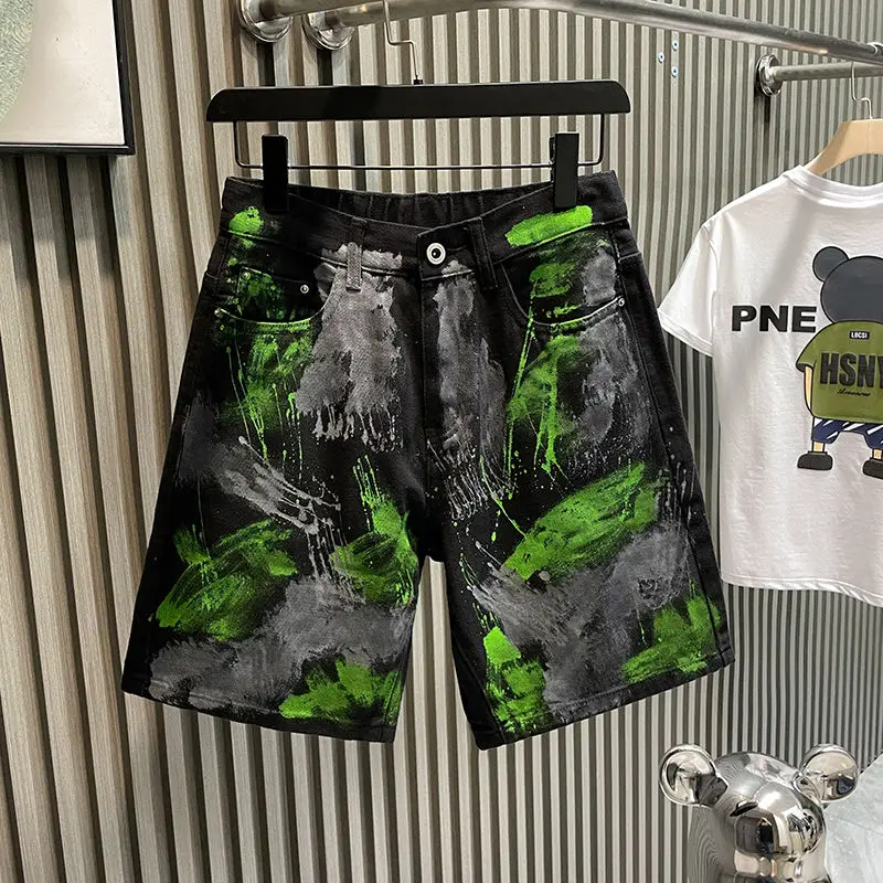 Men's fashion brand design sense niche jeans for men's summer new capris graffiti loose oversized shorts