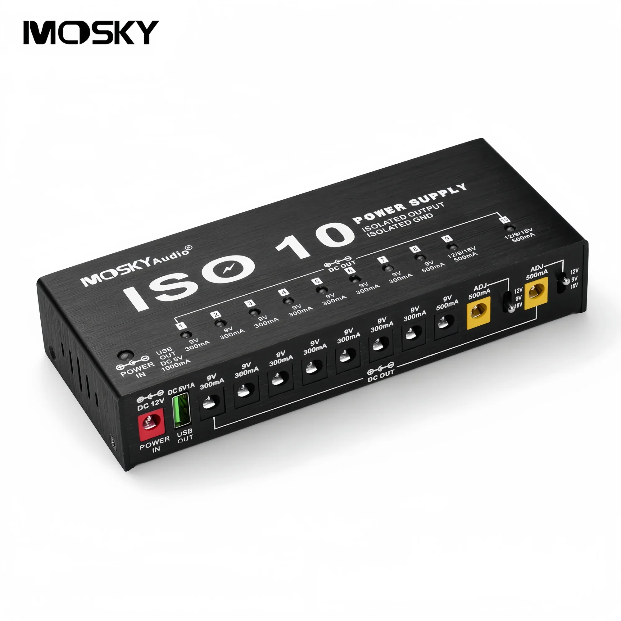 MOSKY ISO-10 Guitar Effect Pedal Power Supply 10 Isolated DC Outputs + 5V USB Port for 9V 12V 18V Pedalboard Accessories Kit