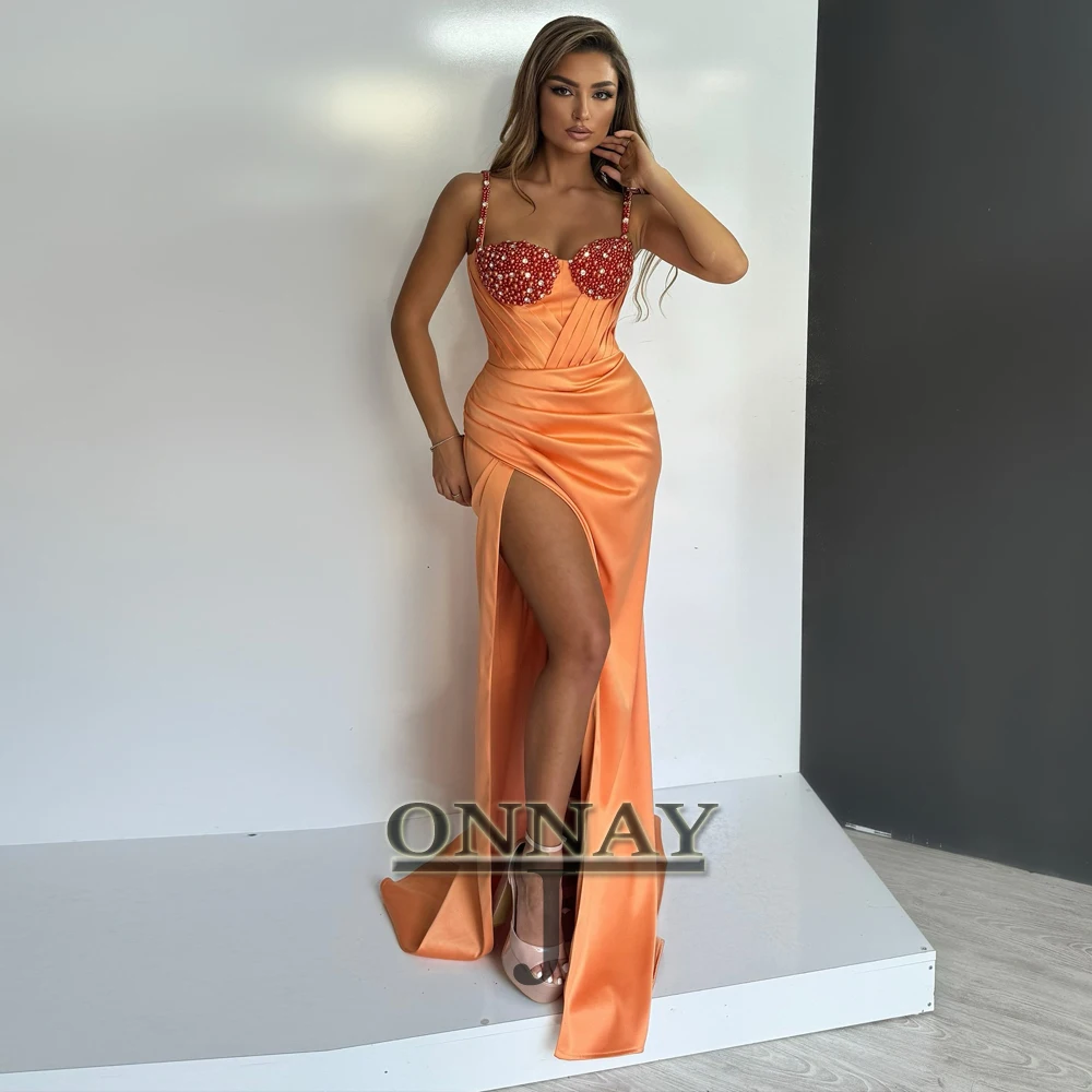 

Customized Sweetheart Pearls Graduation Dresses Pleat Slit HIgh Dubai Saudi Arabric Bespoke Occasion Vestidos De Gala Lace Up