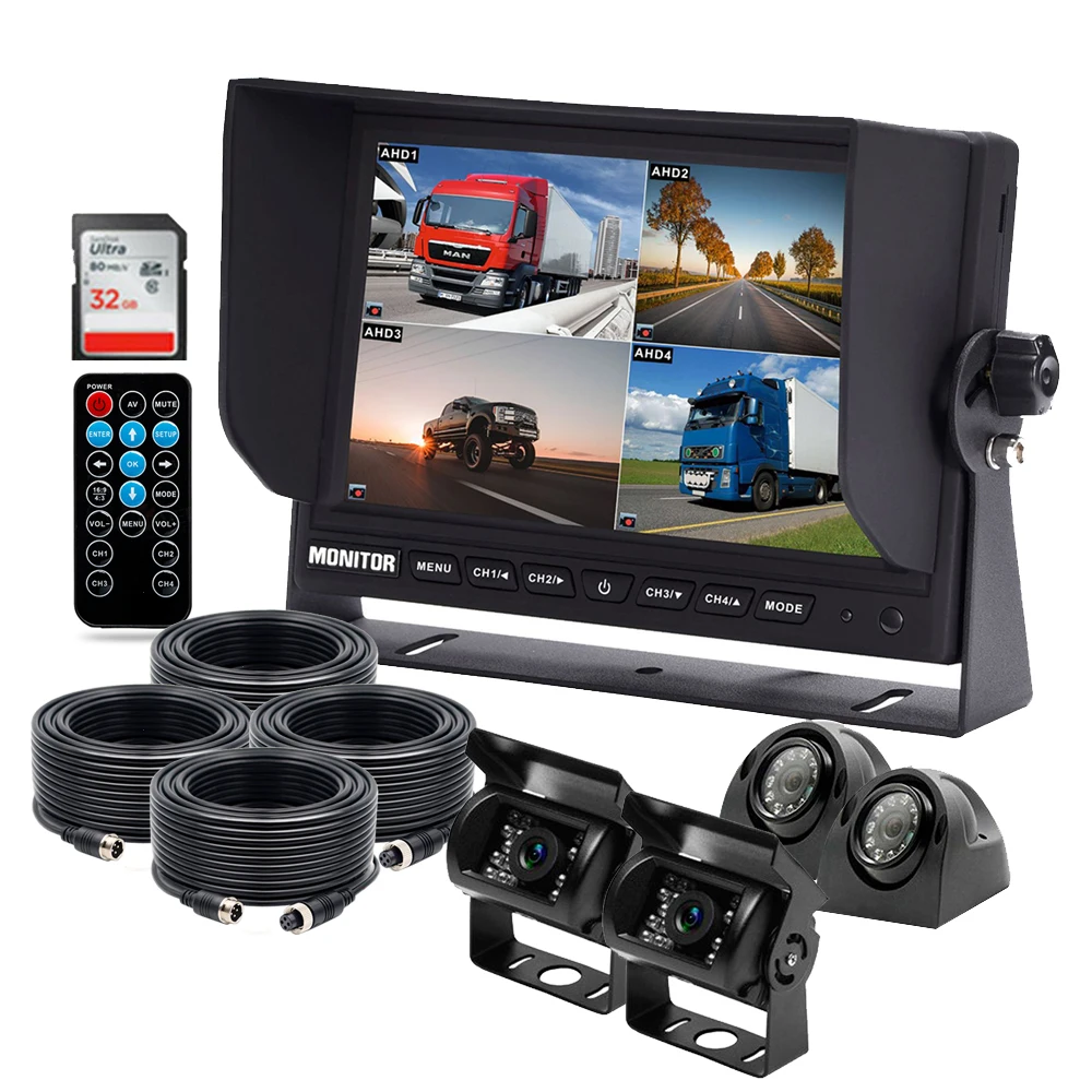 

iPoster 9" IPS Screen QUAD Monitor DVR Loop Recording Max 256GB+4x AHD 1080P Rear View Reversing Camera For Truck Rv Caravan Bus