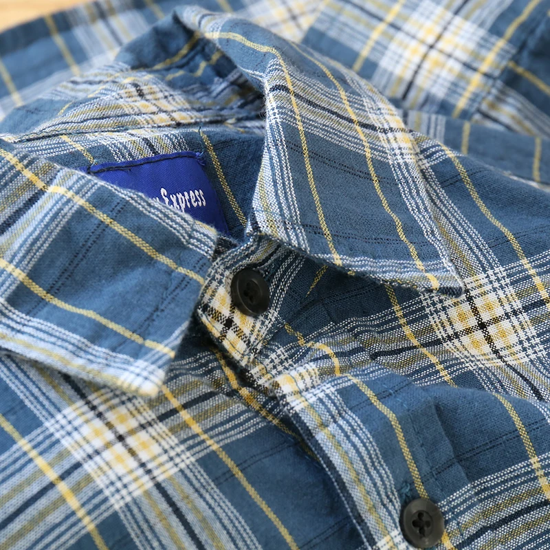 Japanese Style  Checkered Long Sleeve Cotton Shirt Versatile Men's Fashion City Loose Fit Washed Plaid Pattern Shirt
