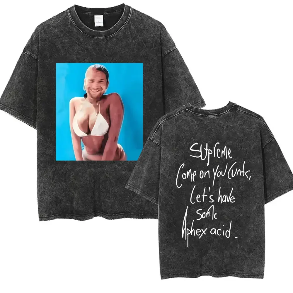 Vintage-T-Shirt mit Aphex-Twin-Grafik, gewaschen, für Damen und Herren, koreanischer Modetrend, kurzärmeliges T-Shirt, lässiges Baumwoll-Retro-T-Shirt für Herren. – Detail 7
