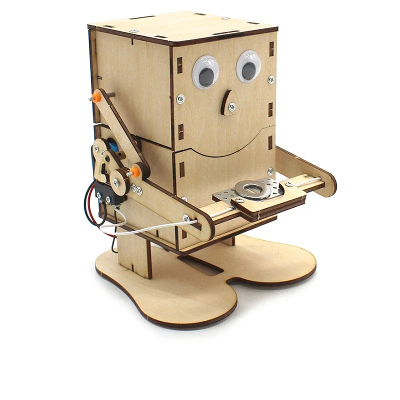 Craft Diy Wood Robot Eating Coins Children's Learning Toys Assembled Scientific Experiment Material Toys Gift For Students