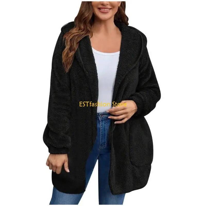 Y5GC Women's Large Size Plush Cardigan Casual Hooded Comfortable Lambskin Winter Coat