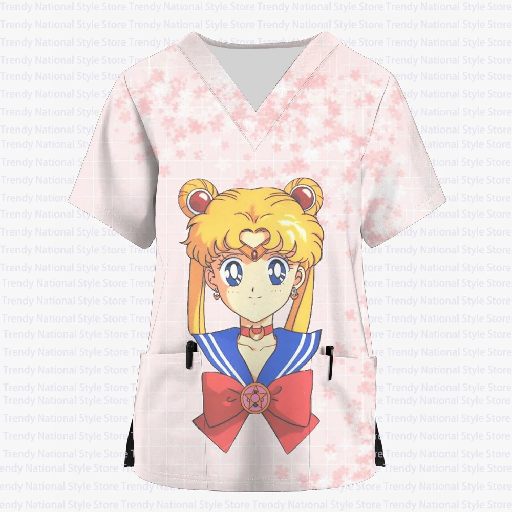 2025 Nuova Estate Del Fumetto Sailor Moon Infermiera delle Donne Uniforme Con Scollo A V Tasca Stampata Top Smerigliato Uniforme Da Lavoro Ospedale T-shirt