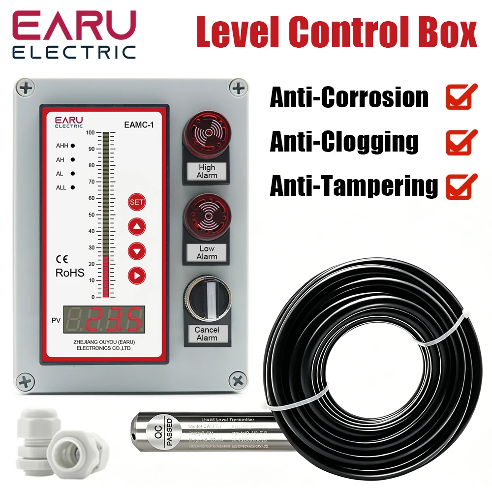 EARU Oil Liquid Water Level Sensor Transmitter Pump Controller Float Switch Relay Output with Waterproof Box for Water Tank Pool