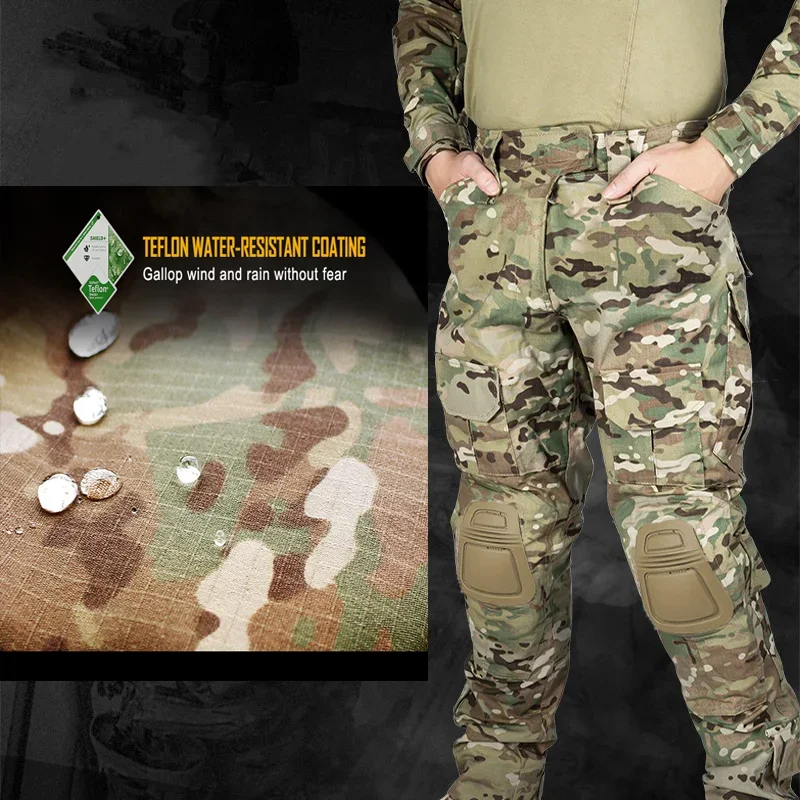 Tactical Pants + Pads Casual Multi Pockets Combat Cargo With Knee Pads Multicam CP Camo Military Work Hunting Pants Clothing