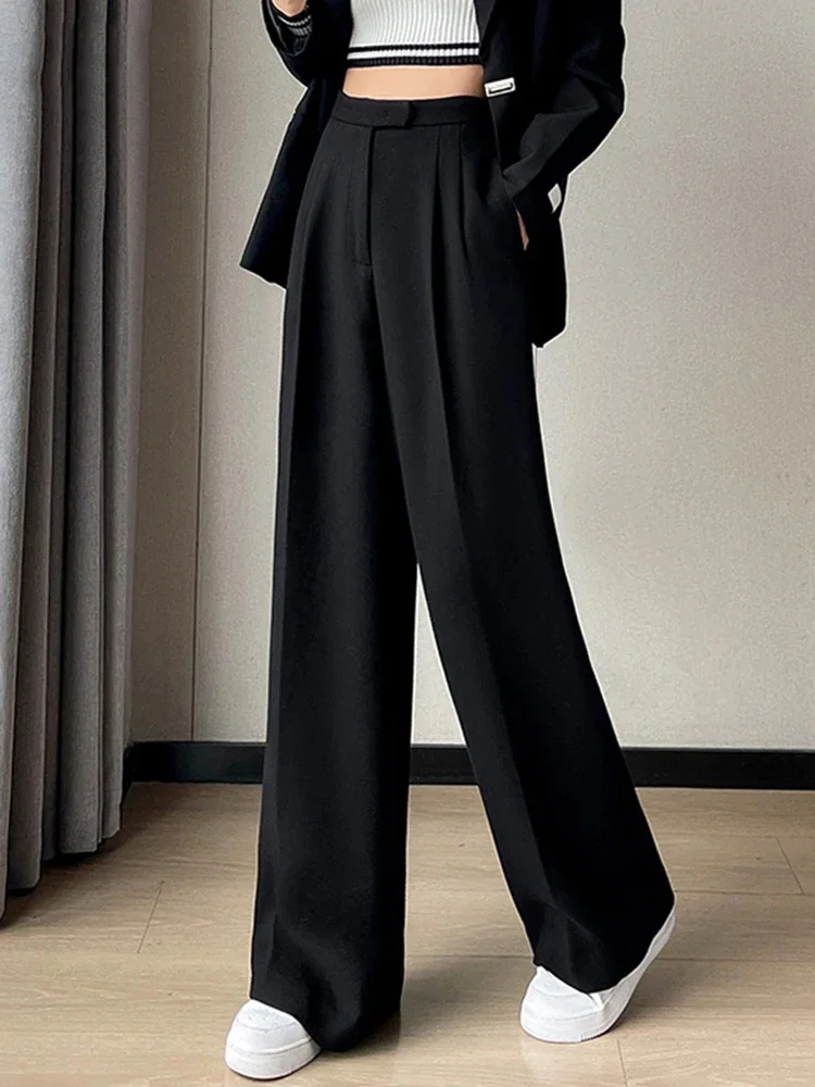 

New Fashion Women's Loose Wide Leg Pants Autumn Korean Style Office Casual Solid Color Slim Fit Waist Women Straight Leg Pants