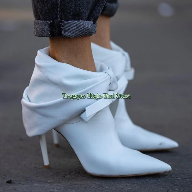 

White Pointed Pleated Lace-Up Short Boots Slip-On High Heel Solid Color Ankle Boots