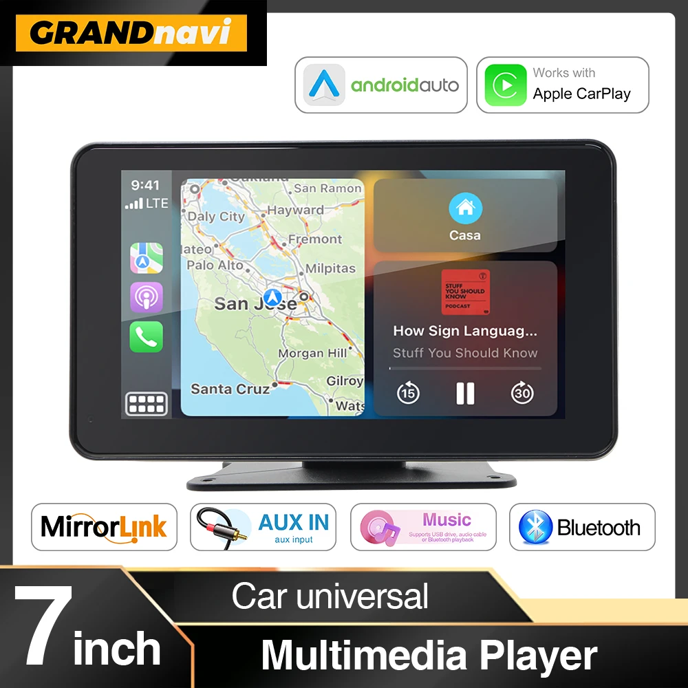 GrandNavi Universal 7inch Portable CarPlay Android Auto Car Radio Multimedia Video Player Touch Screen Bluetooth With AUX USB