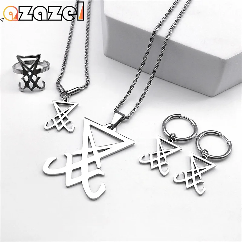 

Stainless Steel Jewelry Set Sigil Church Pagan Satan Seal of Lucifer Satan Demon Gothic Necklace Bracelet Ring Earring Gifts