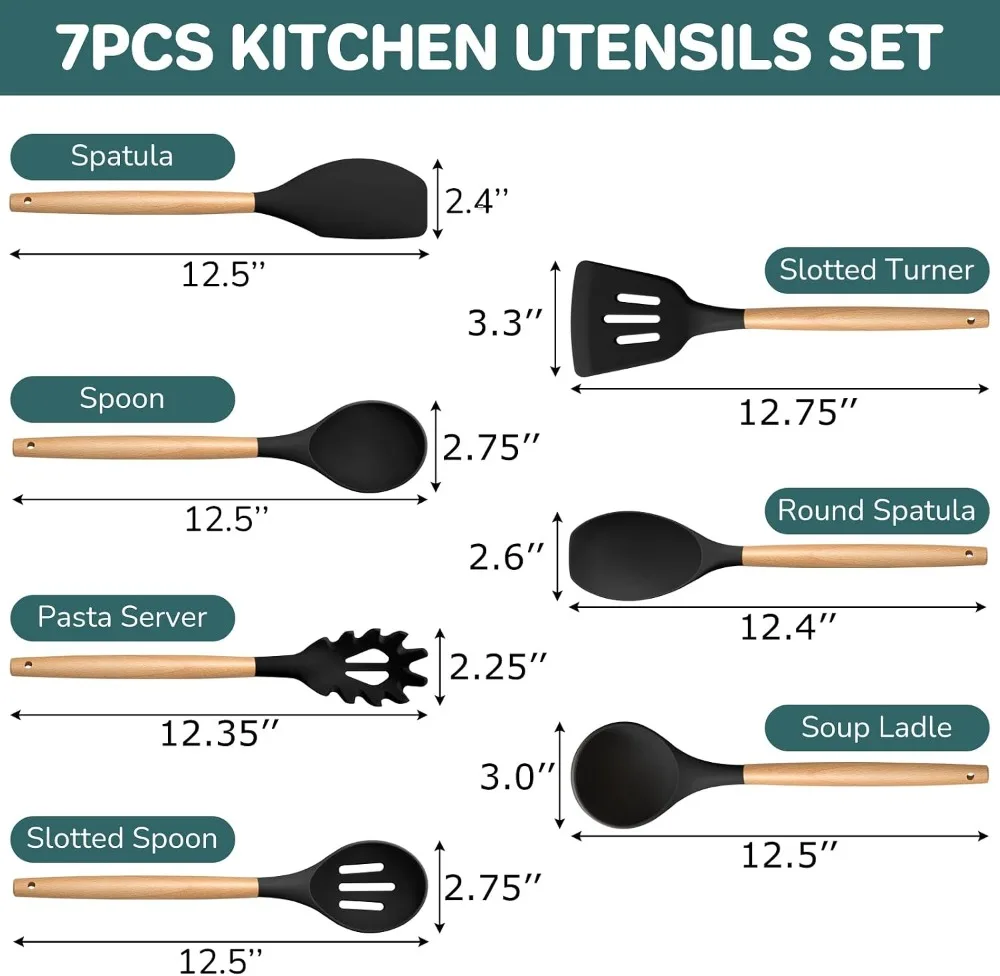 7-Piece Silicone Kitchen Utensils Set with Wooden Handles, Heatproof Cooking Tools for Turning, Mixing & Serving, Non-Stick Safe Black view 2