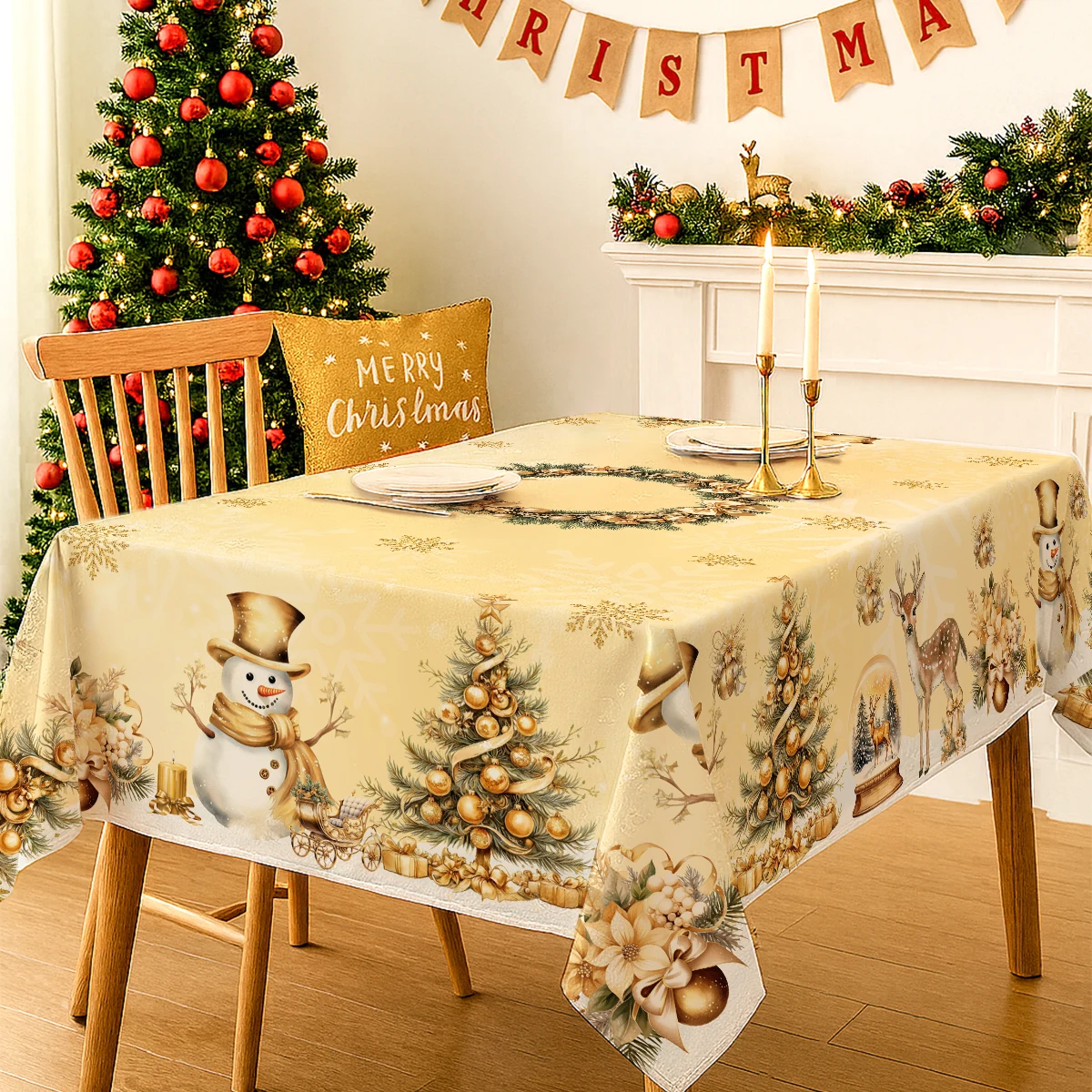 Vintage Christmas Tablecloth Tree Wreath Golden Snowman Table Cover Christmas Decorations for Home 2025 Gifts Navidad New Year