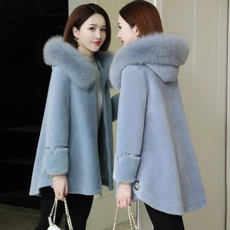 

Fur Women's Real Coat Female Jacket Hooded Fox Fur Colalr Autumn Winter Jacket Women Sheep Shearing Fur Coats 2023 20177