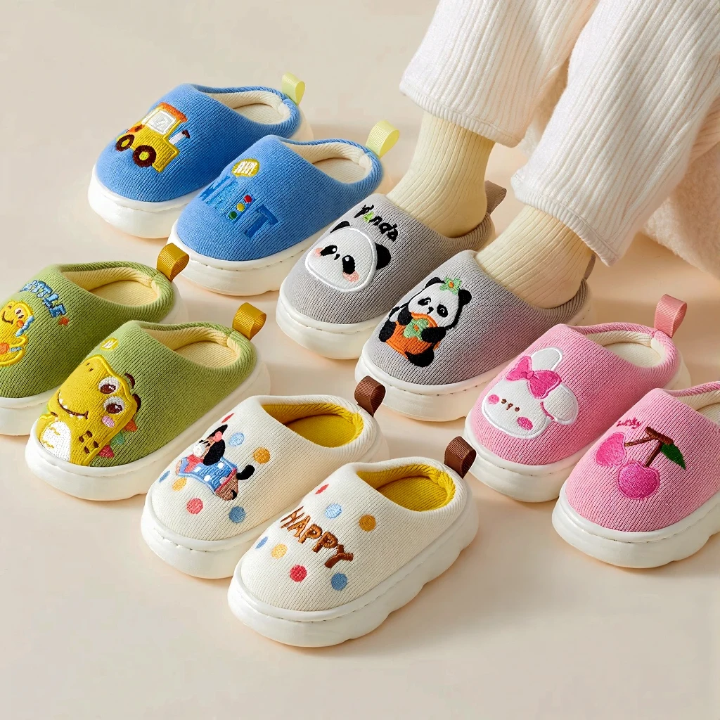 

Boys Girls Cozy House Slippers Warm Plush Thick Winter Cotton Slipper Kids Cute Dinosaur Indoor Shoes Non-Slip