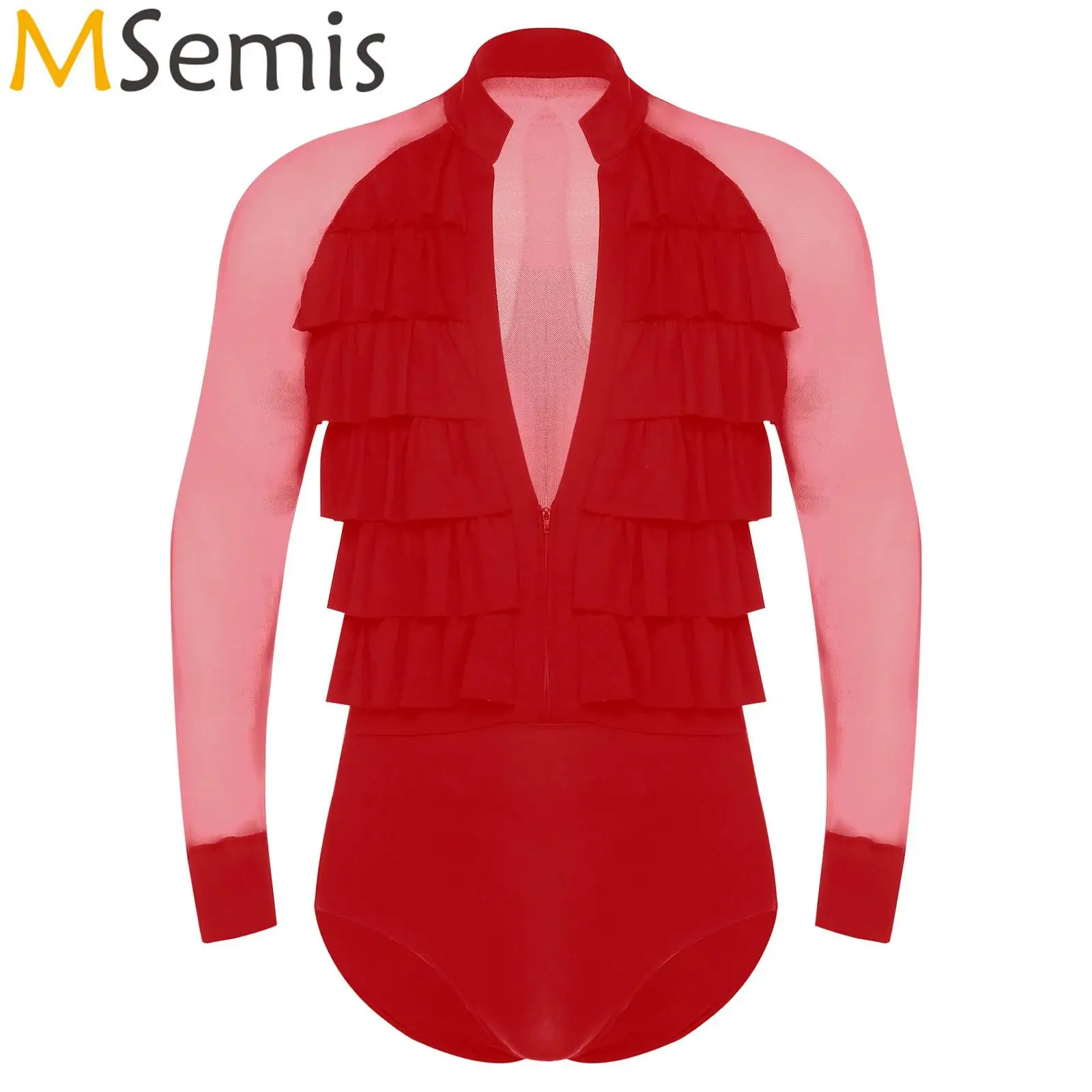 

Mens Gymnastics Latin Ballroom Tango Dance Leotard Costume Sheer Mesh Tiered Ruffles Bodysuit Shirt Tops Figure Skating Jumpsuit