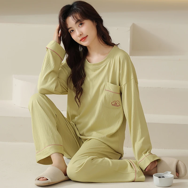 Couples O-Neck Pajamas Solid Color Pajamas Sets Sleepwear Long Sleeve Tops+Long Pants Pajamas Cotton Home Clothing Pijamas Mujer