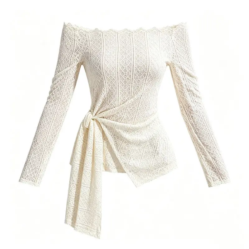Autumn New Long Sleeved Lace Blouse Female Bow Tie Waist Cinched Off Shoulder Top