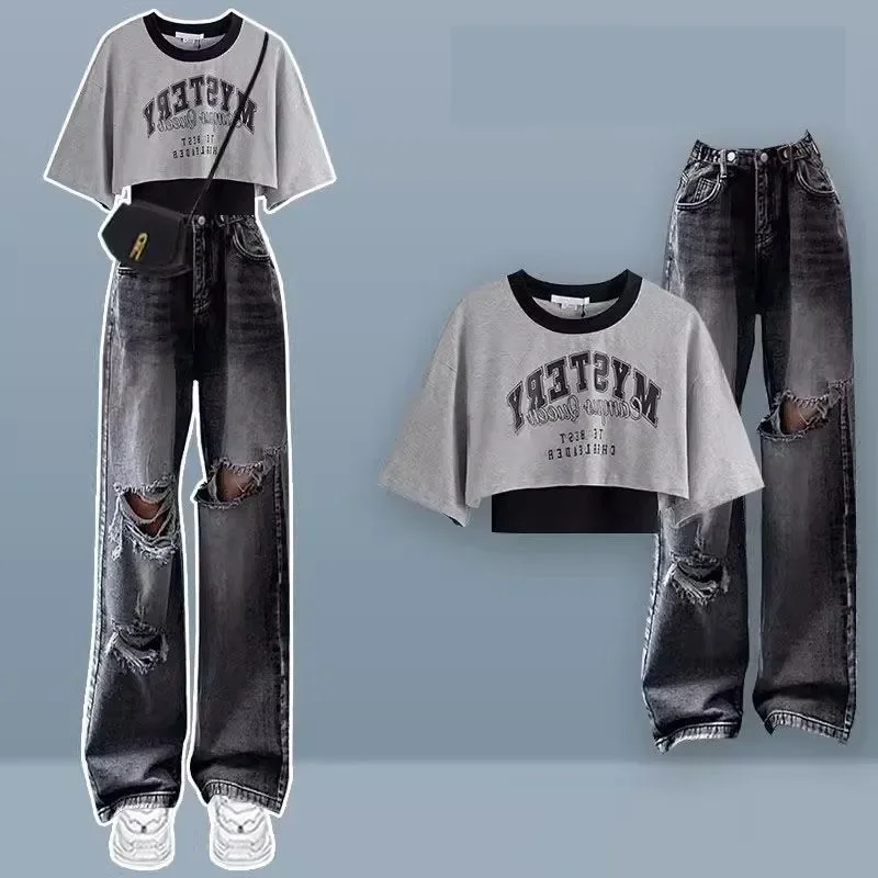 2024 Summer New Denim Pants Matching Set Women Loose Short Sleeved T-shirt+Vest+Hole Jeans Three Piece Feamle Chic Clothing Suit