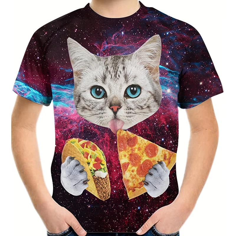 Kids T Shirt Cat & Pizza 3D Print T-shirt For Boys Girls Tops Summer Fashion Cartoon Short Sleeve T-Shirt Boy Girl Tees Clothing