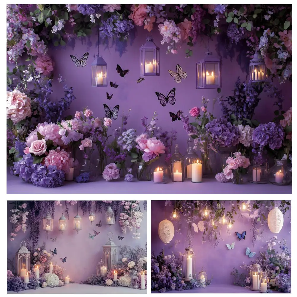 

Purple Wall Flowers Butterfly Photography Backdrop Newborn Baby Shower Kids Adult Pregnant Art Portrait Photocall Background