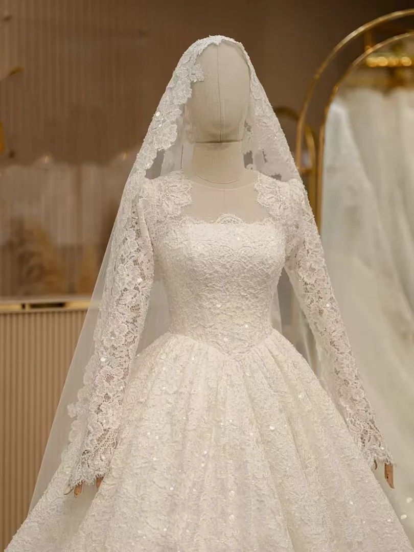 Langärmliges V-Ausschnitt Spitzen-Luxus-Hochzeitskleid für Frauen, Maßgeschneidertes Perlen-Korsett Brautkleid, Ballkleid, Vestidos De Novia