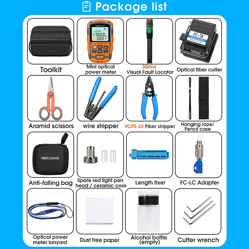 COMPTYCO AUA-M7/M5 Optical Power Meter and 30mw Visual Fault Locator AUA-7S Fiber Cleaver FTTH Fiber Optic Tool Kit