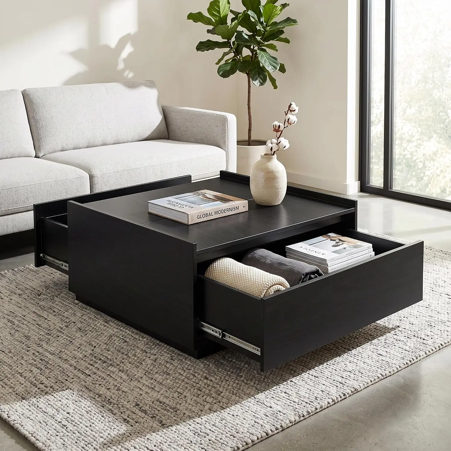 Modern Wood 31.5-inch Square Coffee Table Black Living Room & Office, Customized