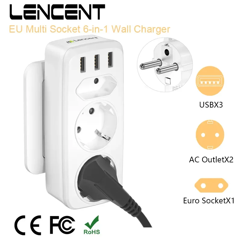 LENCENT EU Plug Power Strip with 3 AC Outlets 3 USB Ports 5V 2.4A  Charging  6 in 1 Adapter Overload Protection for Home/Office