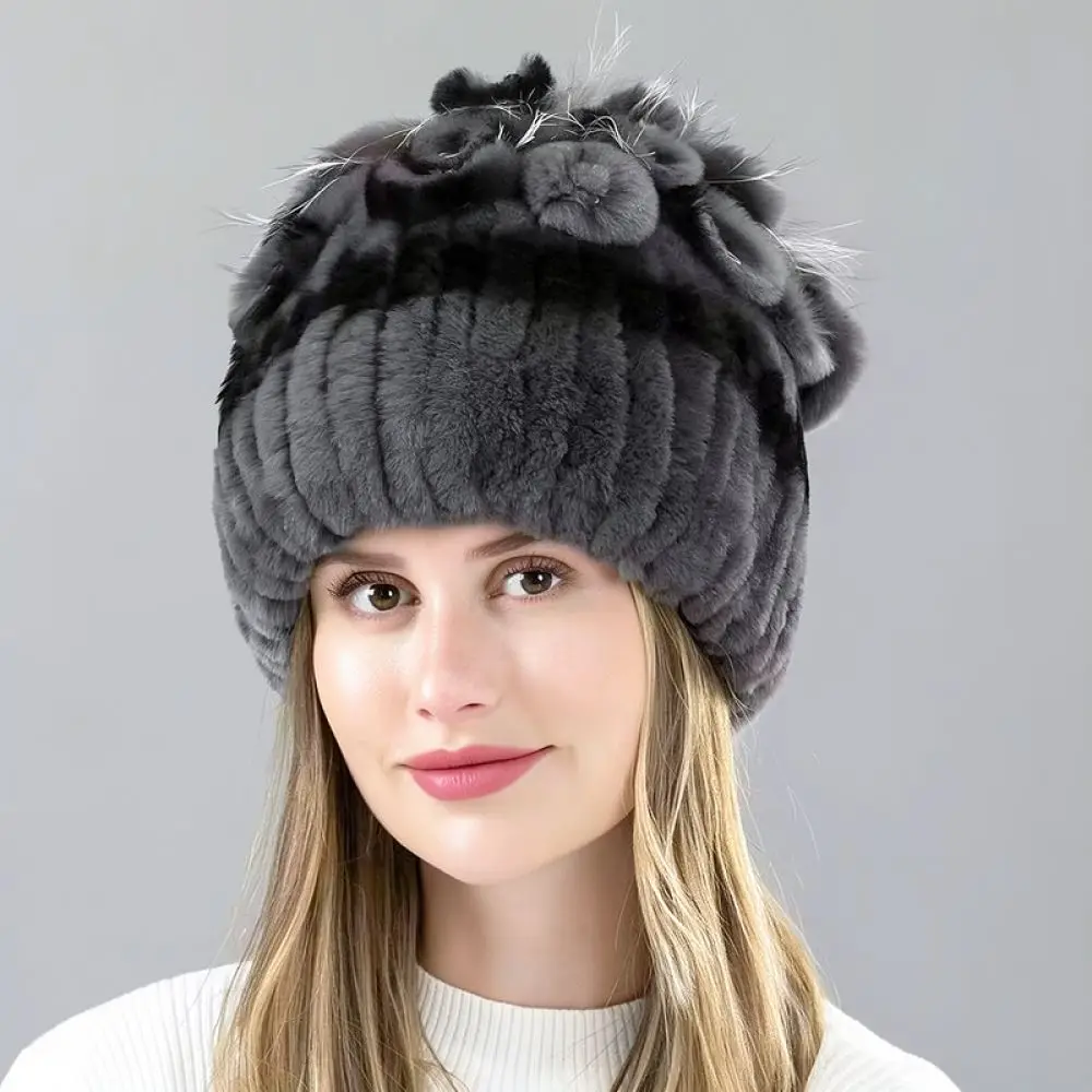 Fur Hat Women Winter Thickened Rex Rabbit Fox Hair Caps Stylish Knitted Warm Windproof Soft Elastic Outdoor Casual Beanie