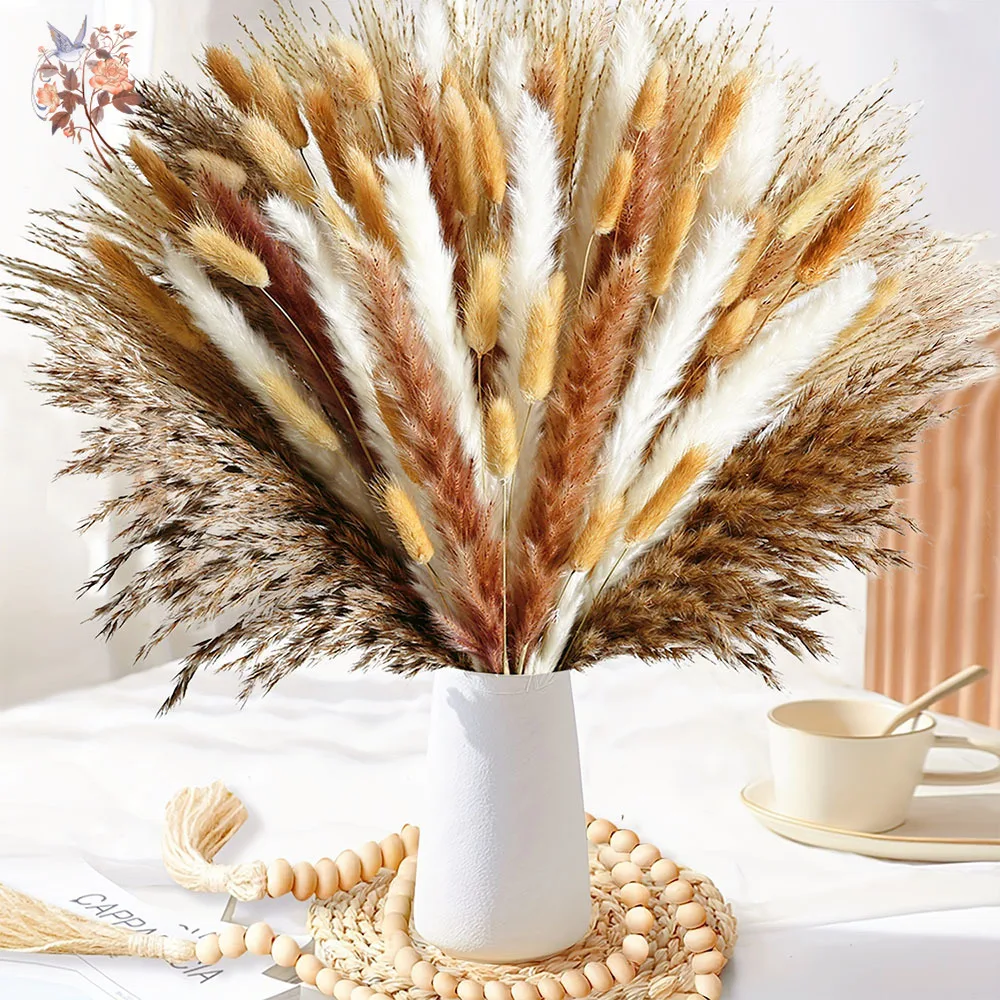 

102Pcs Natural Preserved Flowers Fluffy Pampas Grass Bouquet Boho Country Home Decor Real Floral Wedding Table Vase Arrangements