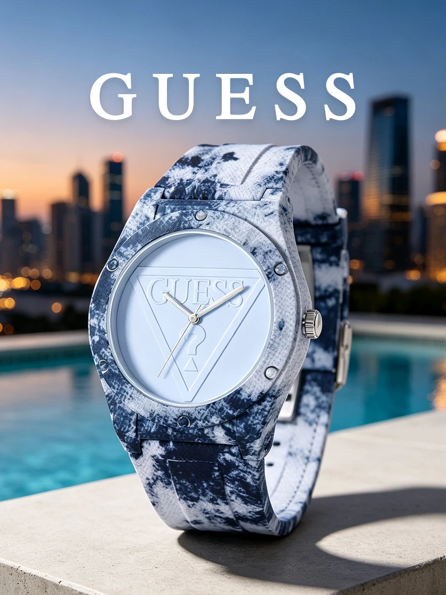 GUESS W0979L14 Womens Watch Round Analog Dial Tie Dye Silicone Strap Quartz Watch for City stroll Weekend getaway Concert gift