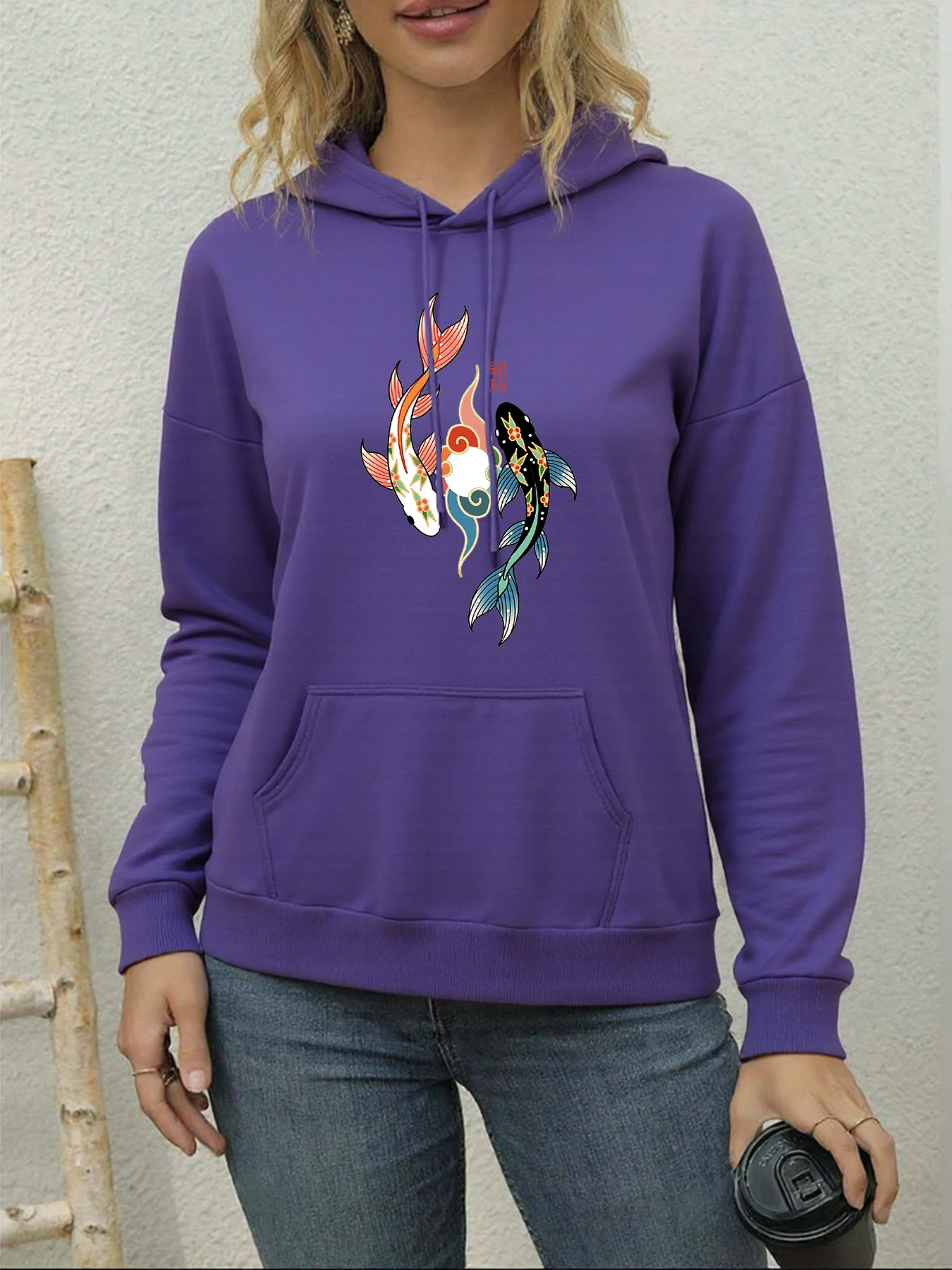 Sweat à capuche imprimé poisson Koi pour femme, deux couleurs, Harajuku, haut décontracté, tendance, vêtements confortables, doux, sweat à capuche de rue, poche ample